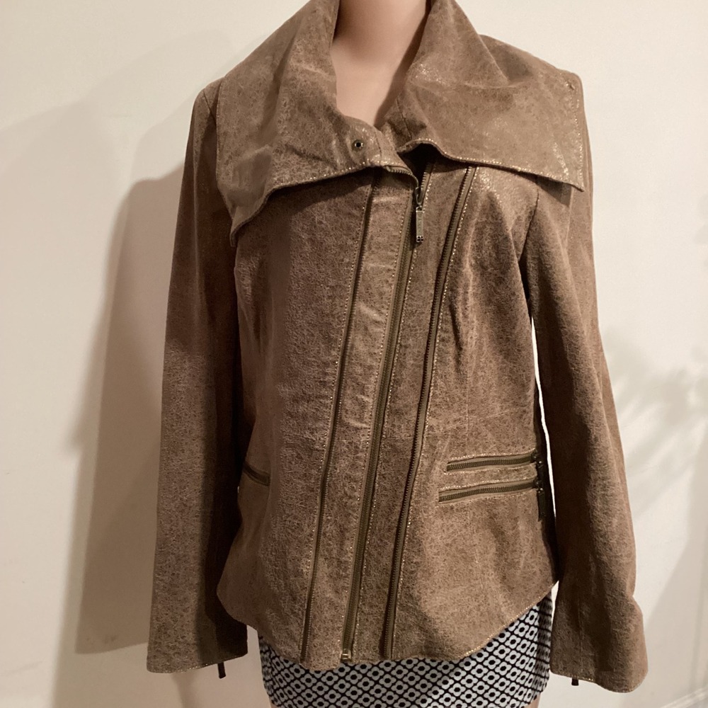 Bradley Bayou Womens Moto Jacket Bronze Metallic Distressed Asymmetric leather